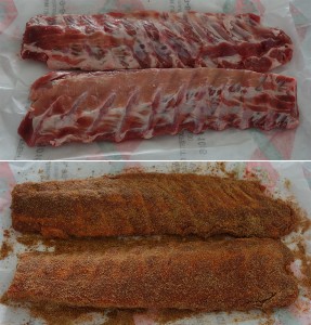 Ribsit ennen ja jälkeen dryrub mausteseoksen pintaan hieromista